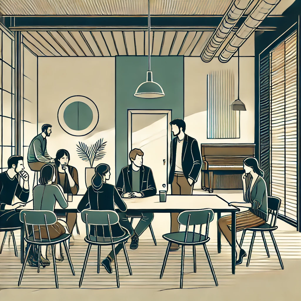 Illustration of a small product team in an open-plan working session