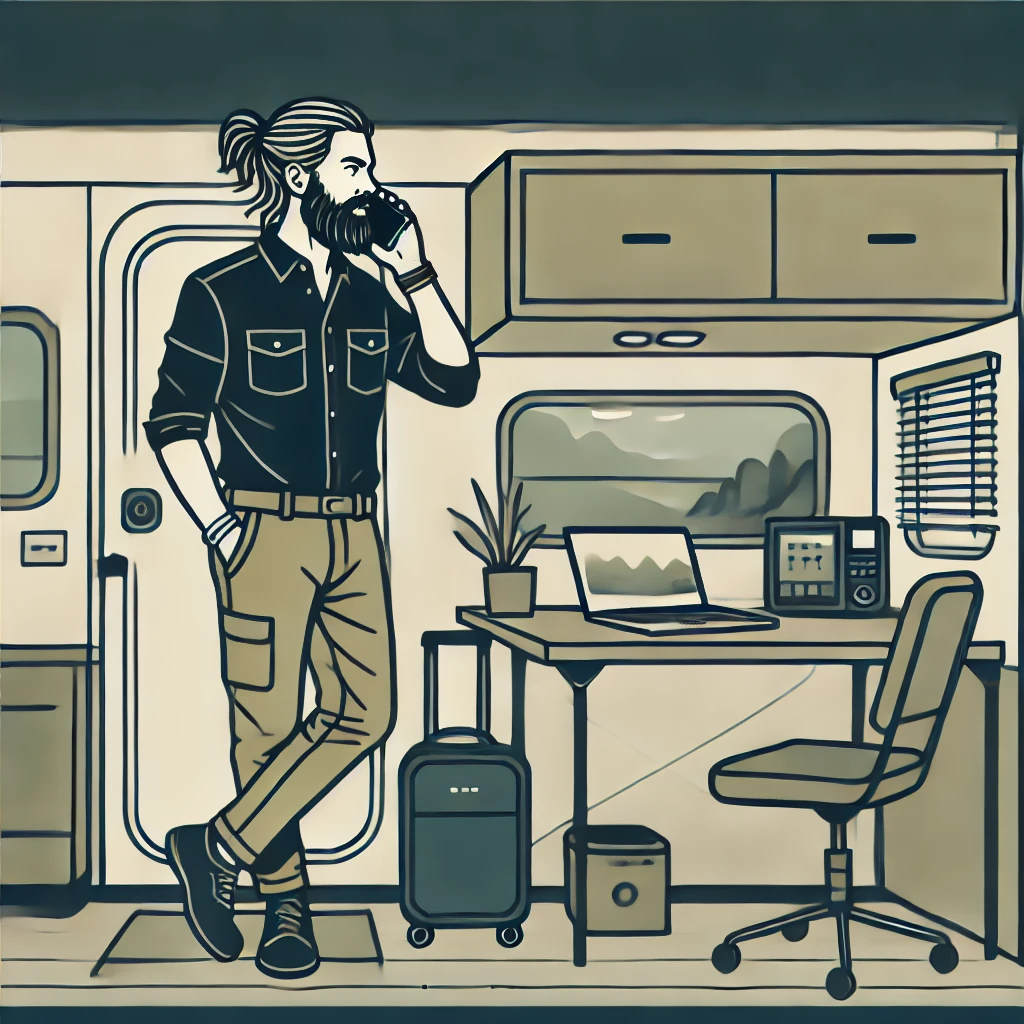 Illustration of a bearded product manager on a call beside a compact mobile office