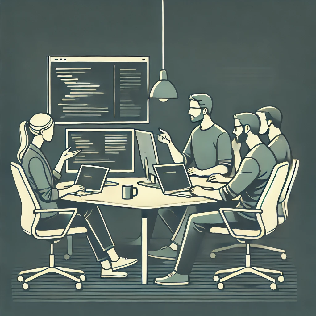 Illustration of an engineering team reviewing code together on monitors
